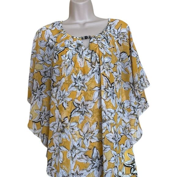 Notations Yellow /black floral Flutter Sleeve Tunic 2 Layers Sheer Sz3X beads - Picture 1 of 6